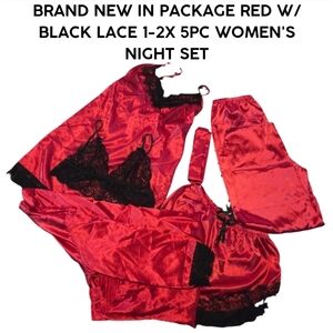 NEW IN PACKAGE 5PC WOMEN'S RED W/ BLACK LACE ACCENTED NIGHT SET - ESTIMATED 1-2X